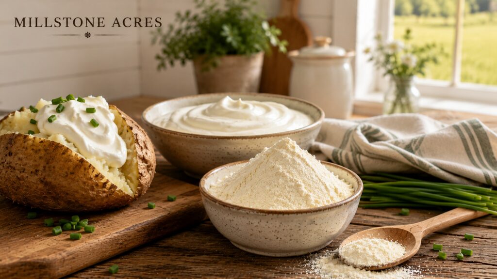 Sour cream powder displayed with a baked potato topped with sour cream and chives on a rustic farmhouse table featuring Millstone Acres branding.