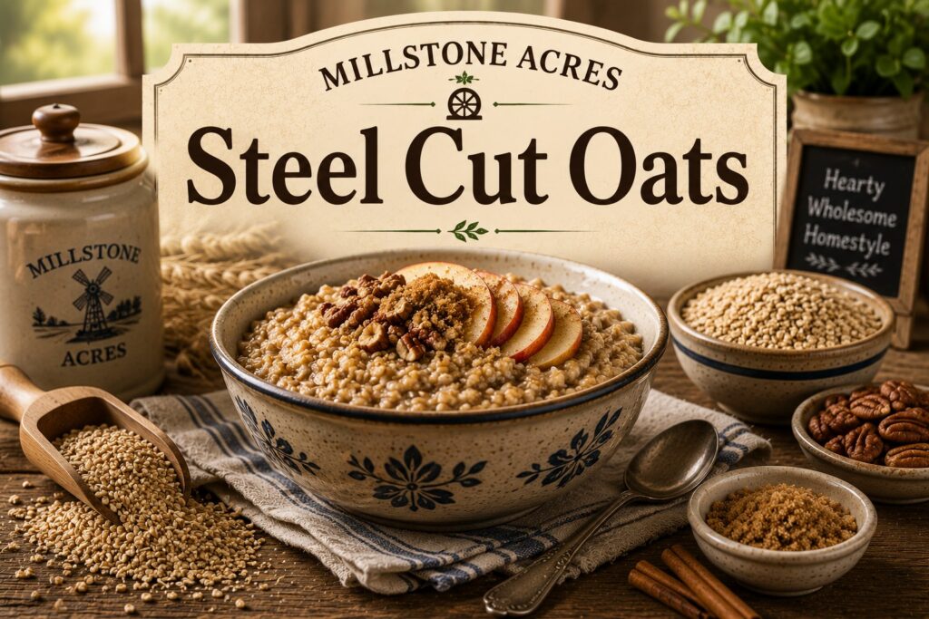 Millstone Acres Steel Cut Oats served as a hearty oatmeal bowl topped with apples, pecans, cinnamon, and brown sugar in a rustic farmhouse kitchen.