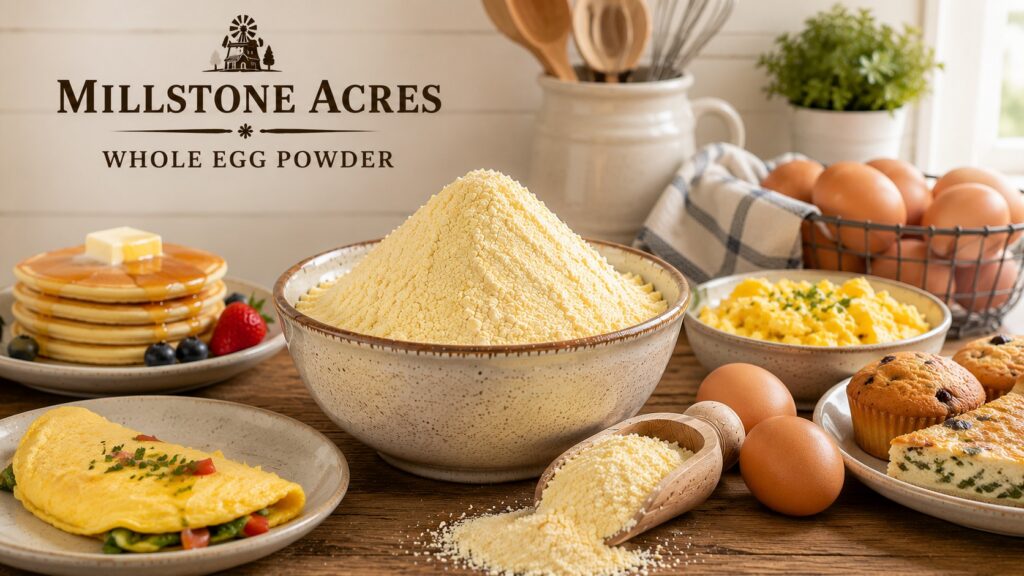 Whole egg powder displayed in a ceramic bowl alongside fresh eggs, scrambled eggs, an omelet, pancakes, muffins, and quiche on a rustic farmhouse table featuring Millstone Acres Whole Egg Powder branding.