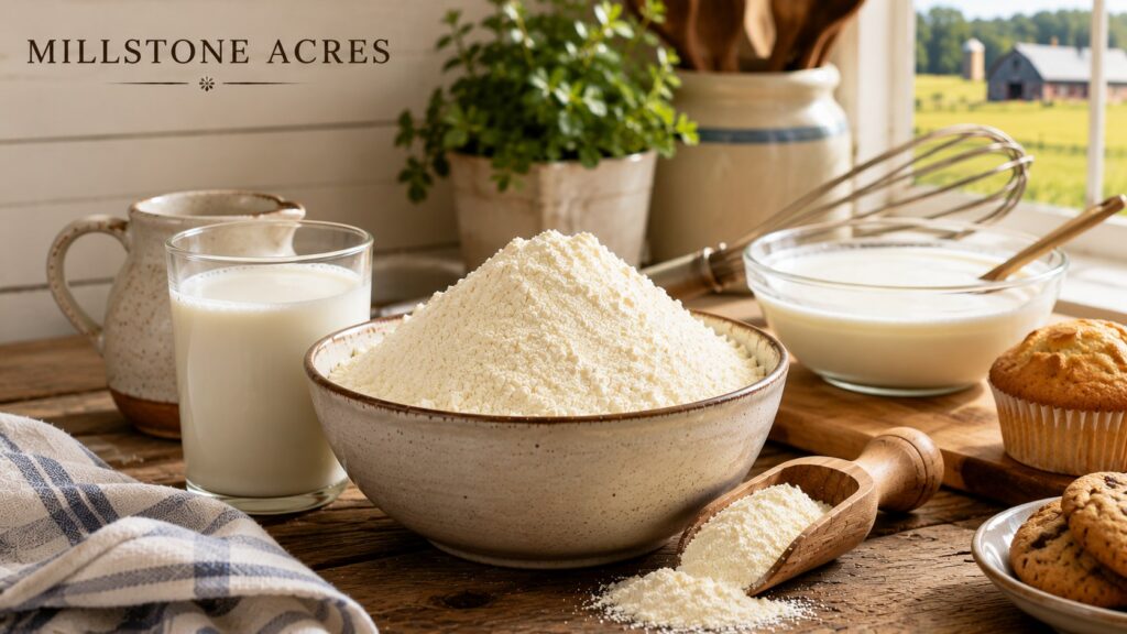 Whole milk powder displayed in a ceramic bowl with a glass of milk and baking ingredients on a rustic farmhouse table featuring Millstone Acres branding.