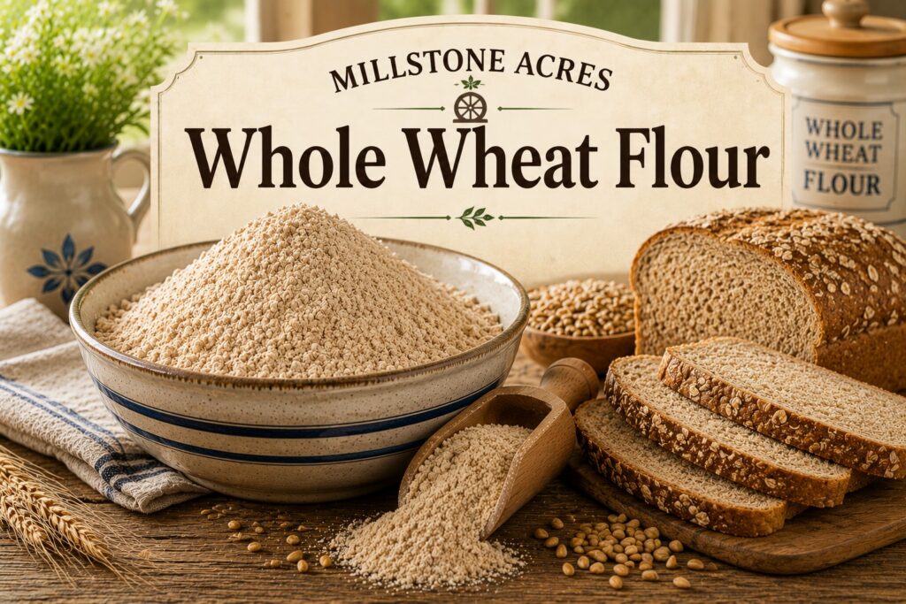Millstone Acres Whole Wheat Flour displayed in a ceramic bowl with whole wheat bread, wheat berries, and a wooden scoop on a rustic farmhouse table.