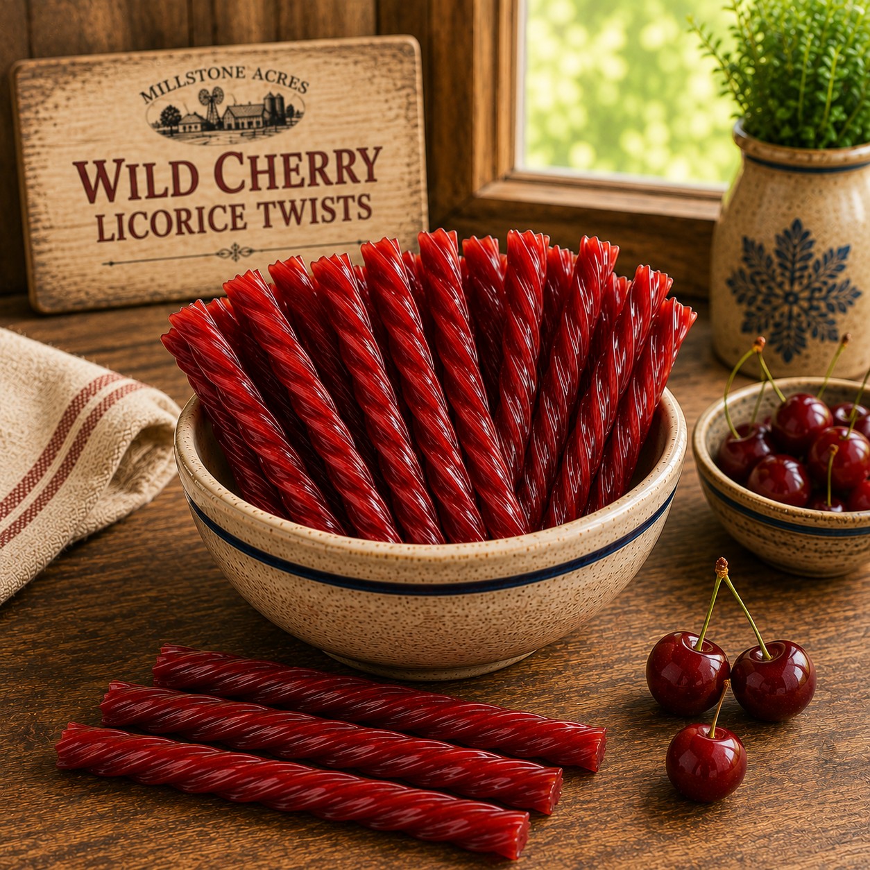 Bowl of Wild Cherry Licorice Twists displayed on a farmhouse kitchen table with fresh cherries and a rustic Wild Cherry Licorice Twists sign in the background.