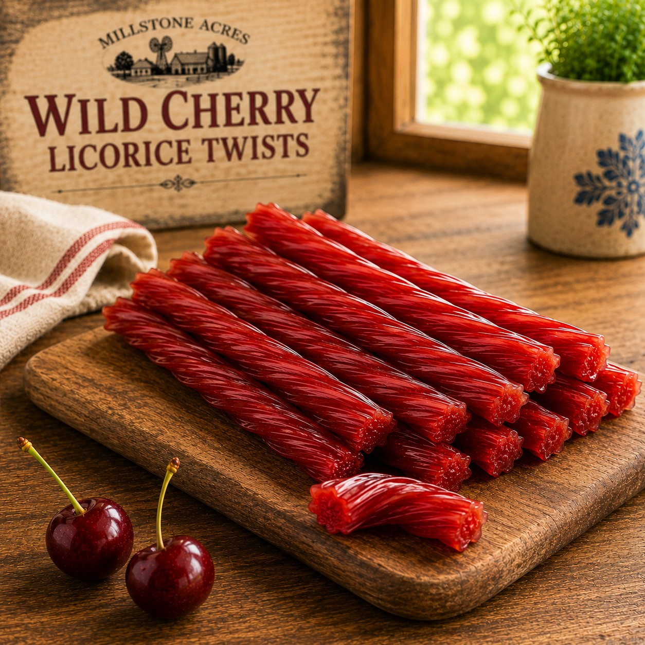 Close-up of Wild Cherry Licorice Twists on a rustic wooden cutting board with fresh cherries in a farmhouse kitchen setting.