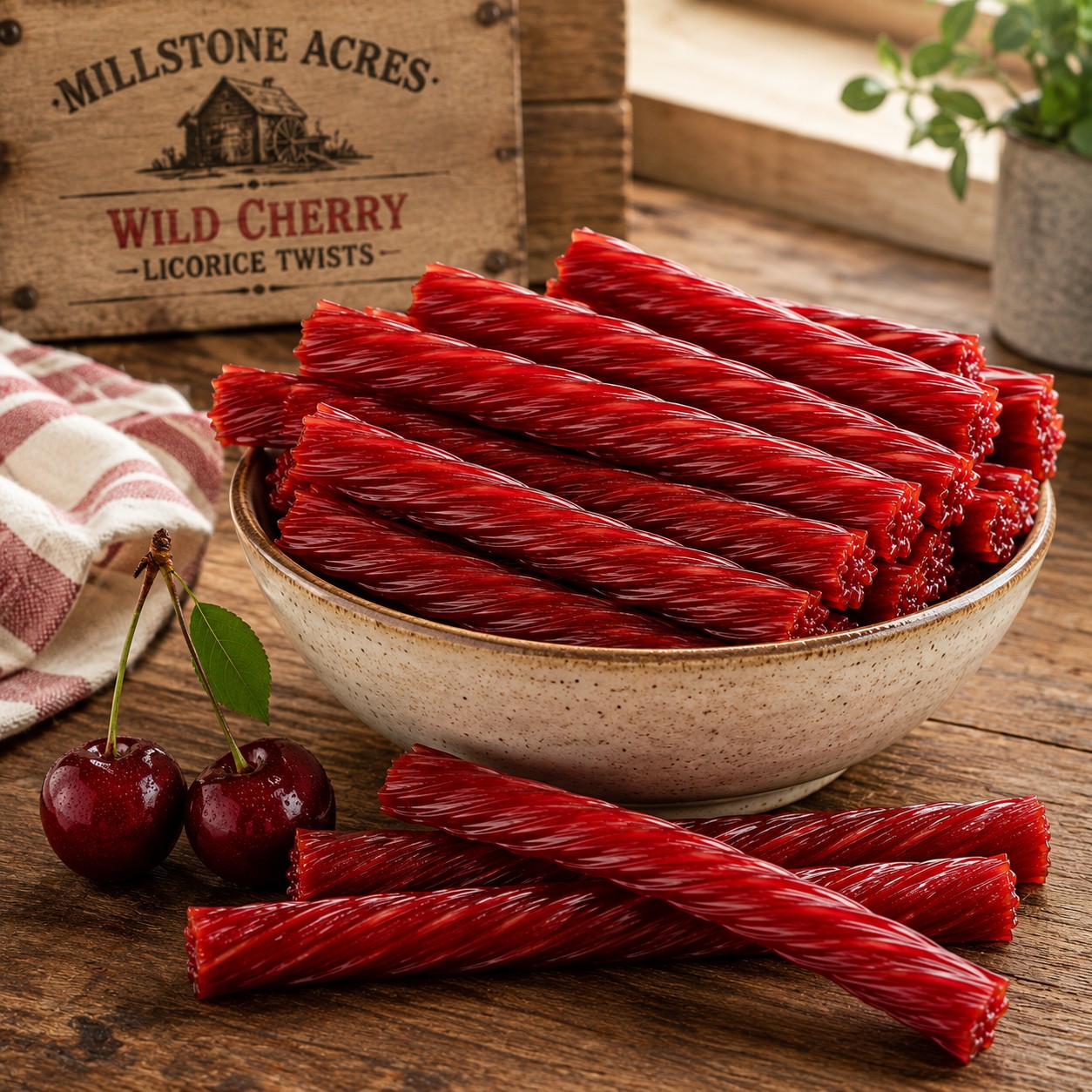 Bowl of Wild Cherry Licorice Twists on a rustic farmhouse table with a Millstone Acres Wild Cherry Licorice Twists sign in the background.