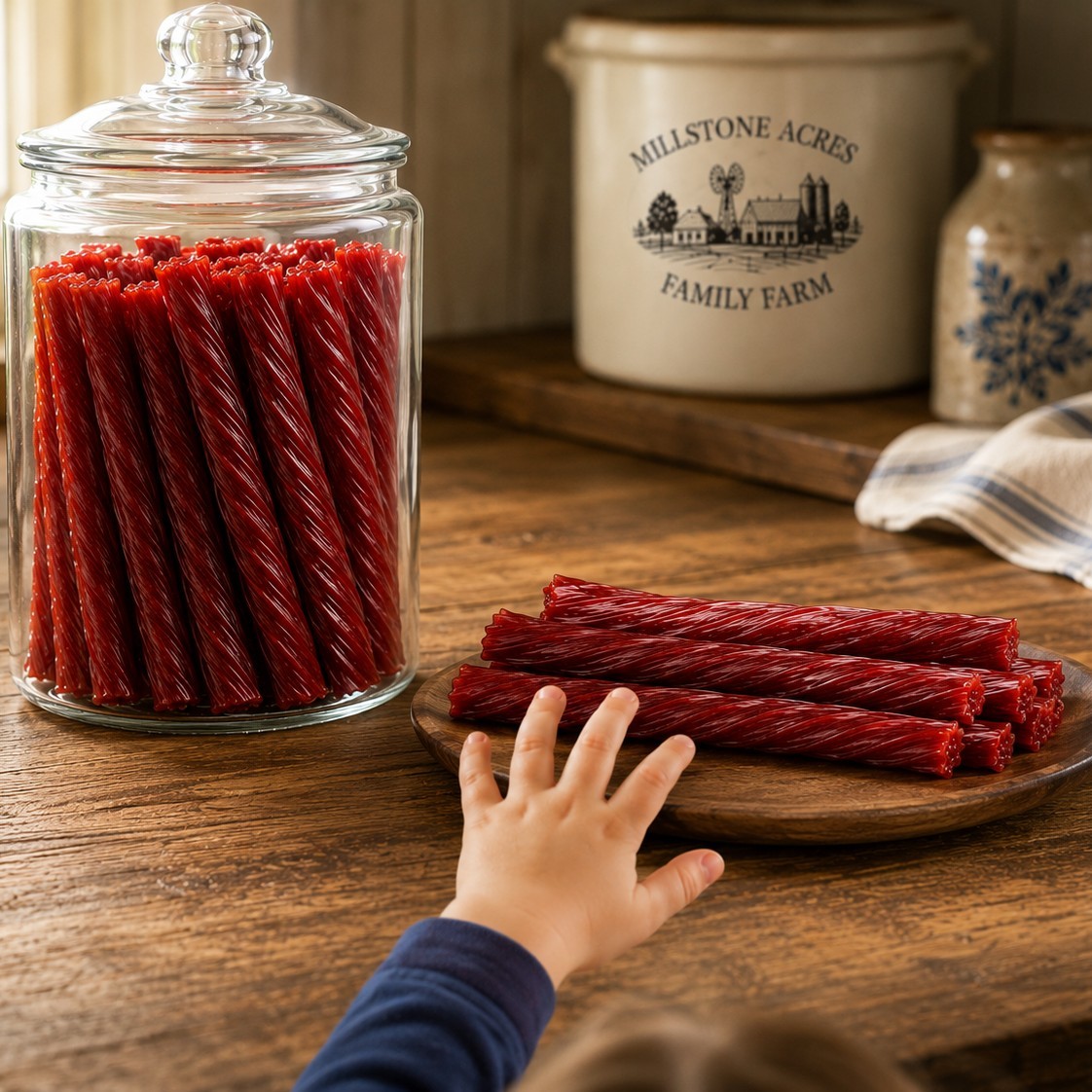 Child reaching for Wild Cherry Licorice Twists displayed beside a glass candy jar on a farmhouse kitchen table.