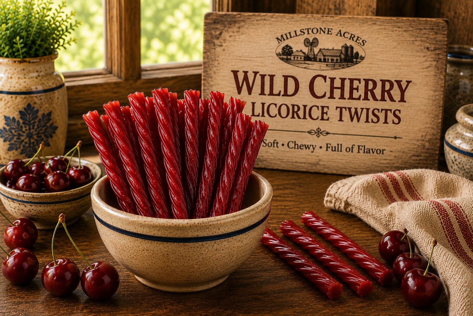 Millstone Acres Wild Cherry Licorice Twists displayed in a farmhouse kitchen with a bowl of soft cherry licorice twists, fresh cherries, and a rustic sign featuring Wild Cherry Licorice Twists.