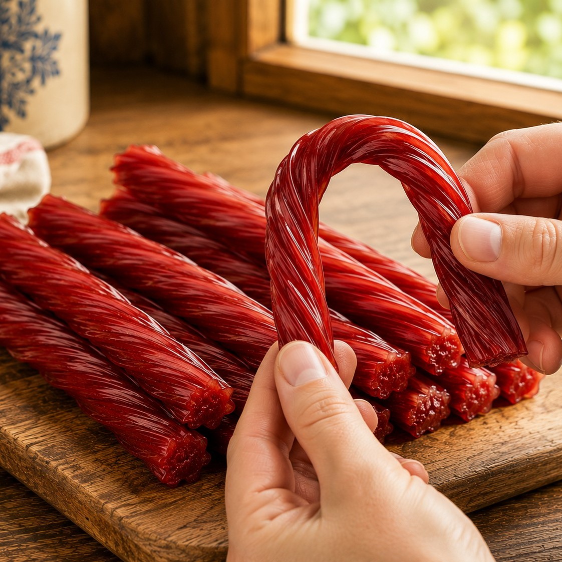 Hands gently bending a Wild Cherry Licorice Twist to demonstrate its soft and chewy texture on a rustic wooden cutting board.