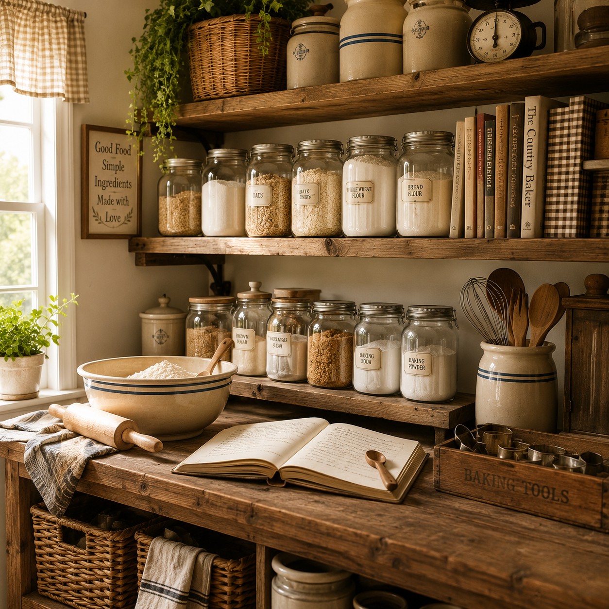 A warm farmhouse pantry filled with baking ingredients, glass jars, wooden shelves, cookbooks, baskets, and traditional kitchen essentials.