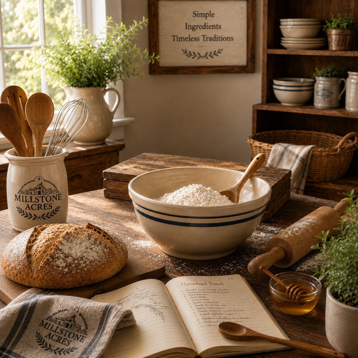 Millstone Acres pantry staples arranged on a rustic farmhouse kitchen counter with baking ingredients and fresh homemade bread.