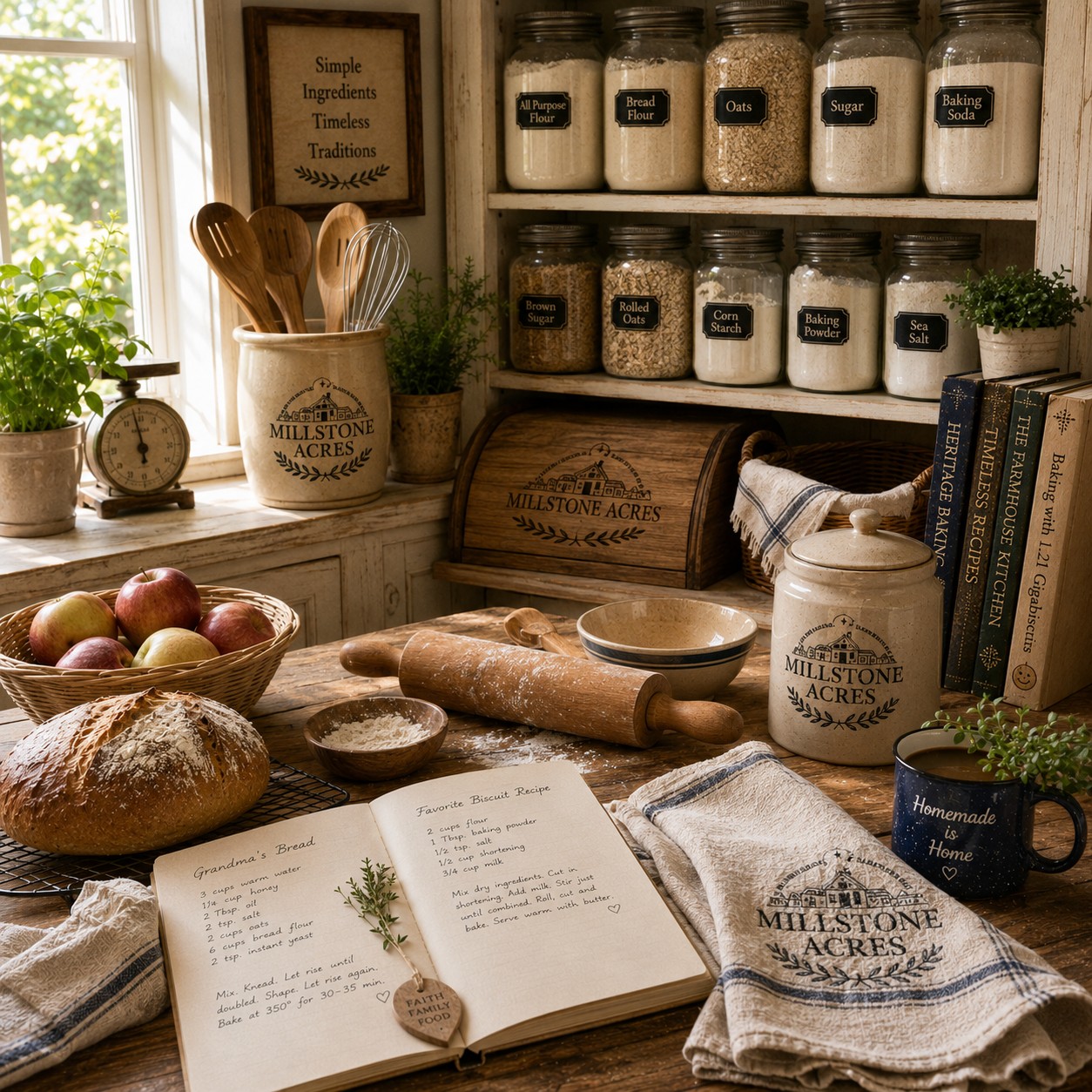Sunlit farmhouse pantry with fresh baking ingredients, rustic kitchen tools, handwritten recipes, and subtle Millstone Acres branding.