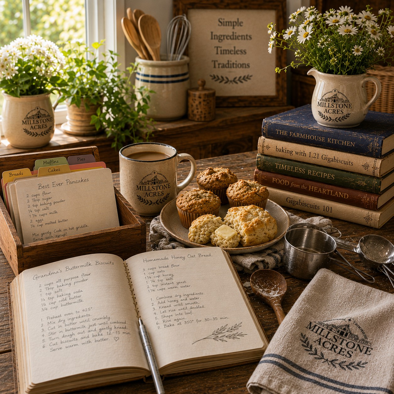 Family farmhouse kitchen with handwritten recipes, fresh baked goods, cookbooks, baking tools, and Millstone Acres branded kitchen accessories.
