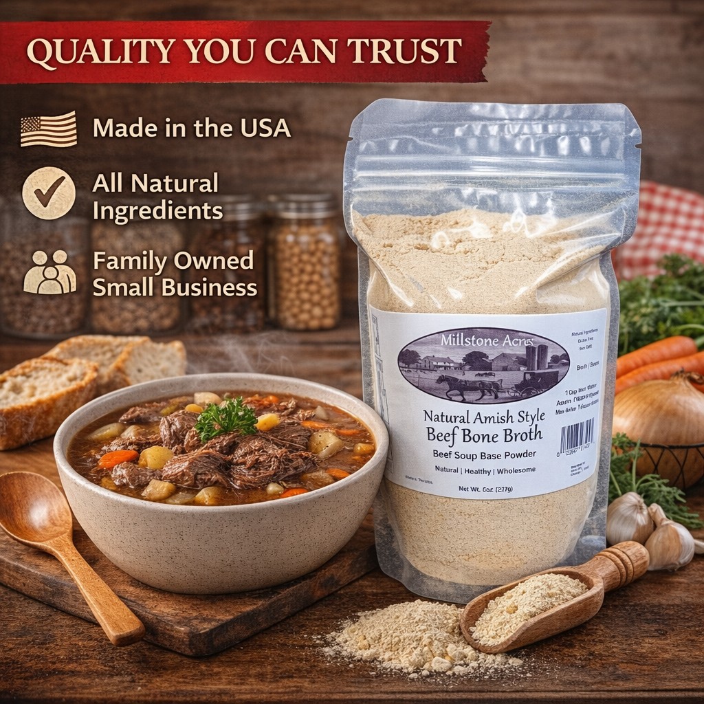 Millstone Acres Beef Bone Broth Soup Base Mix with homemade broth and simple preparation.