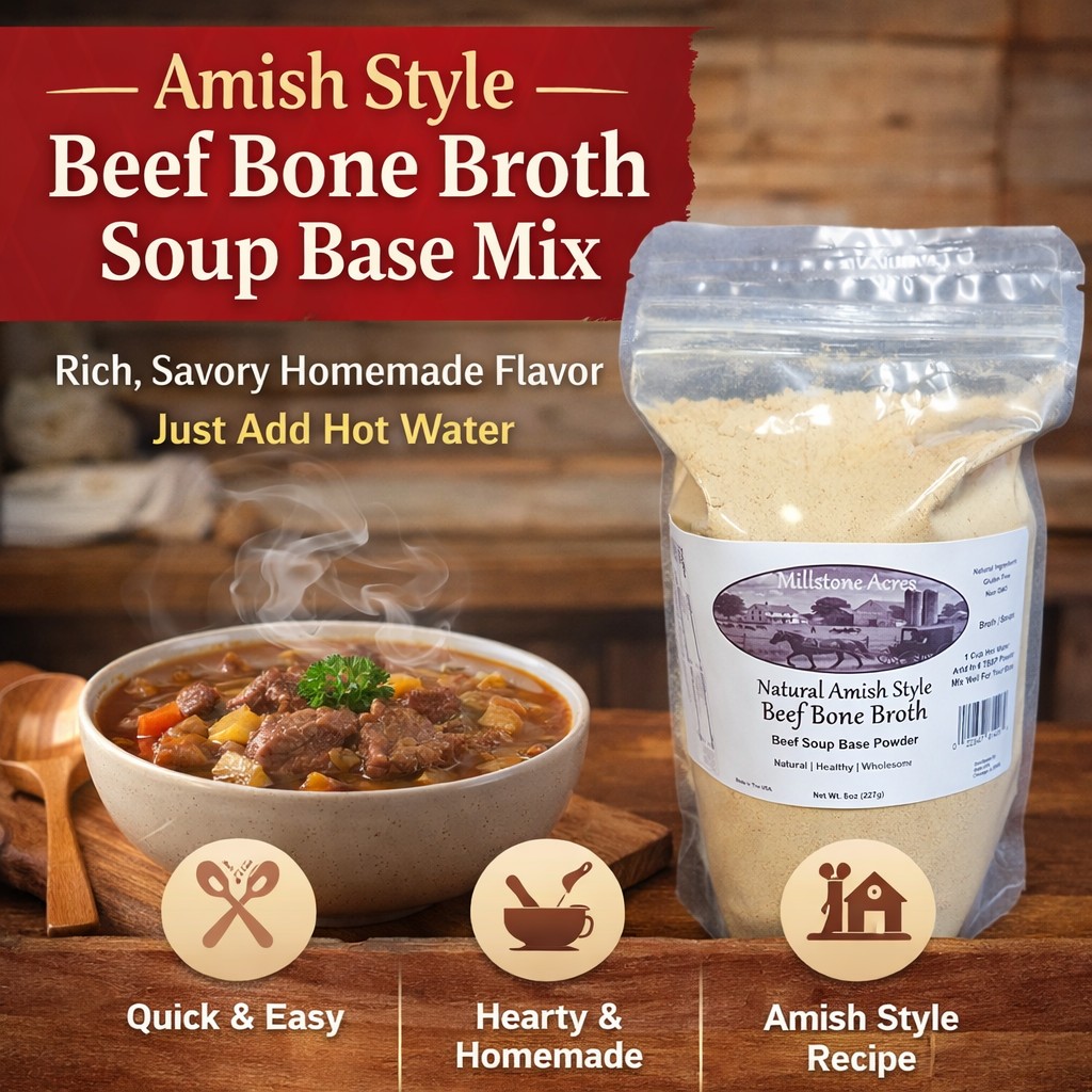 Millstone Acres Beef Bone Broth Soup Base Mix displayed beside a hearty bowl of beef vegetable soup.