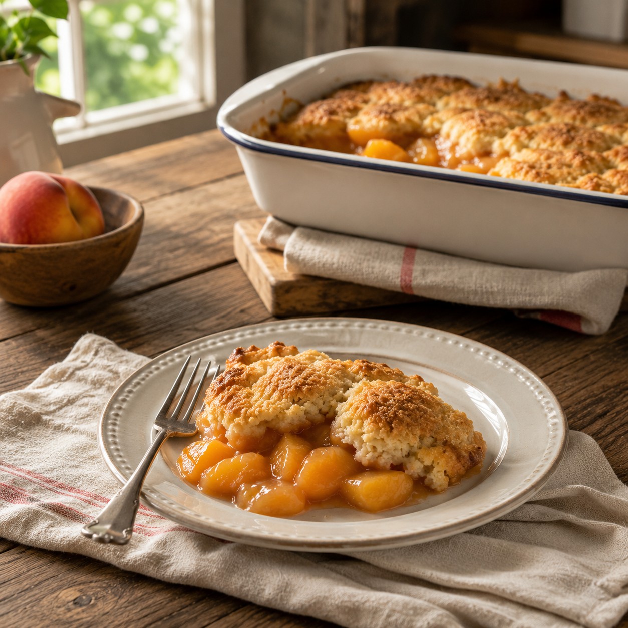 Homemade peach cobbler with golden biscuit topping served on a rustic farmhouse table in a bright country kitchen.