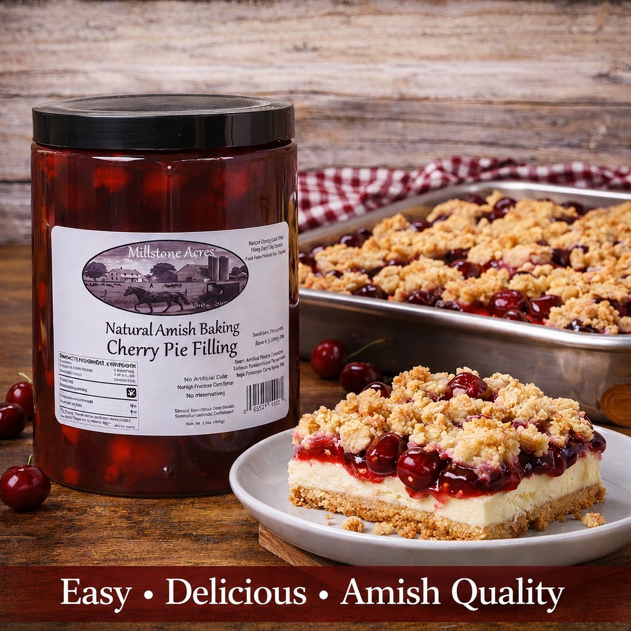 Millstone Acres Cherry Pie Filling used in homemade cherry dessert bars and other baked cherry desserts.