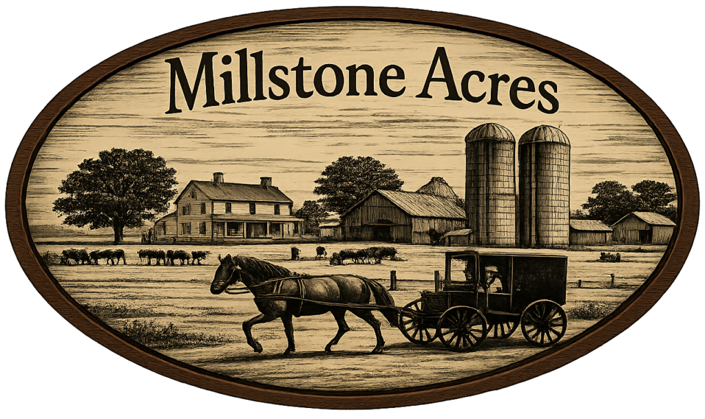 Millstone Acres oval engraved farm logo featuring a farmhouse, Amish horse and buggy, barn, silos, grazing cattle, and rustic countryside.