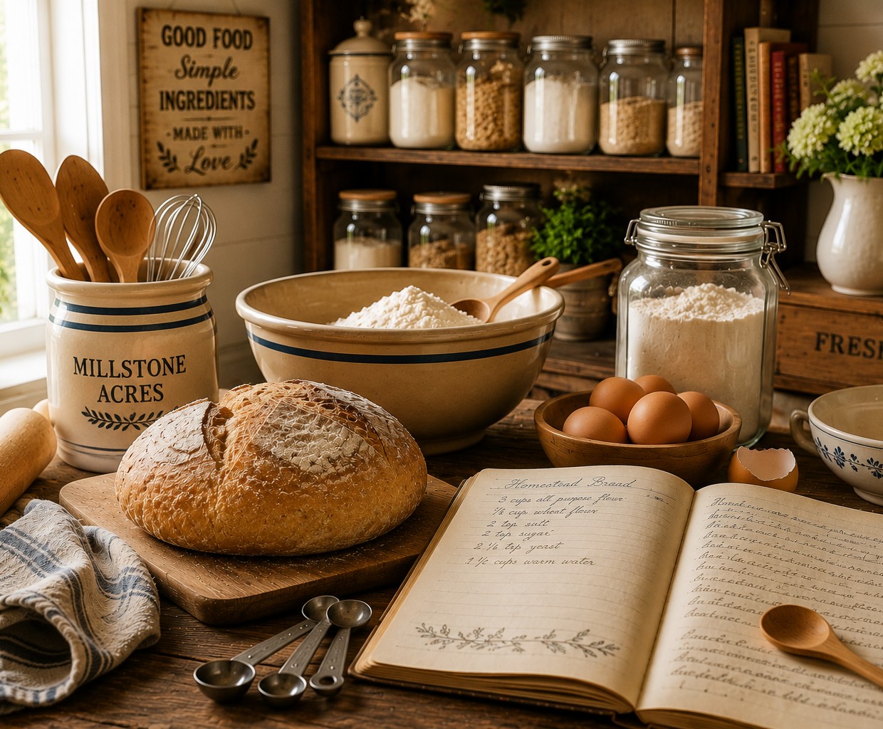 A bright farmhouse kitchen with homemade bread, fresh baking ingredients, handwritten recipes, and traditional baking tools arranged on a rustic wooden table.