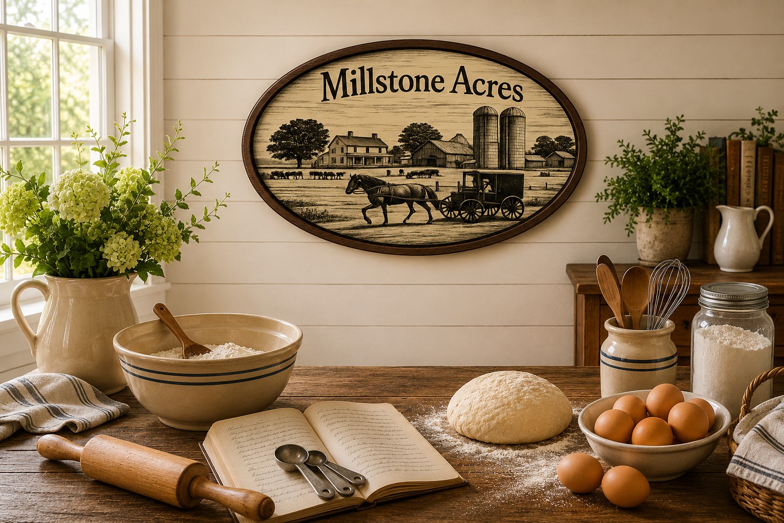 Welcome to Millstone Acres featuring a warm farmhouse kitchen with traditional pantry staples, homemade baked goods, and timeless homestead charm.