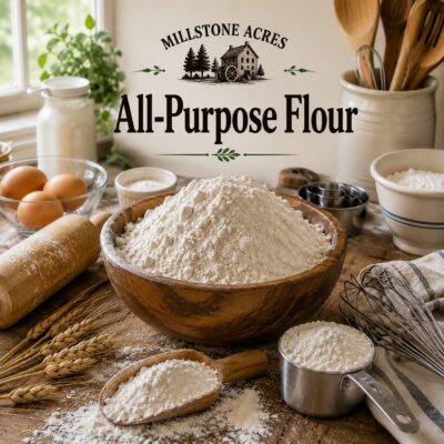 Millstone Acres Natural All-Purpose Flour displayed with a wooden bowl of premium flour, baking ingredients, measuring cups, eggs, and farmhouse kitchen tools in a bright rustic kitchen.