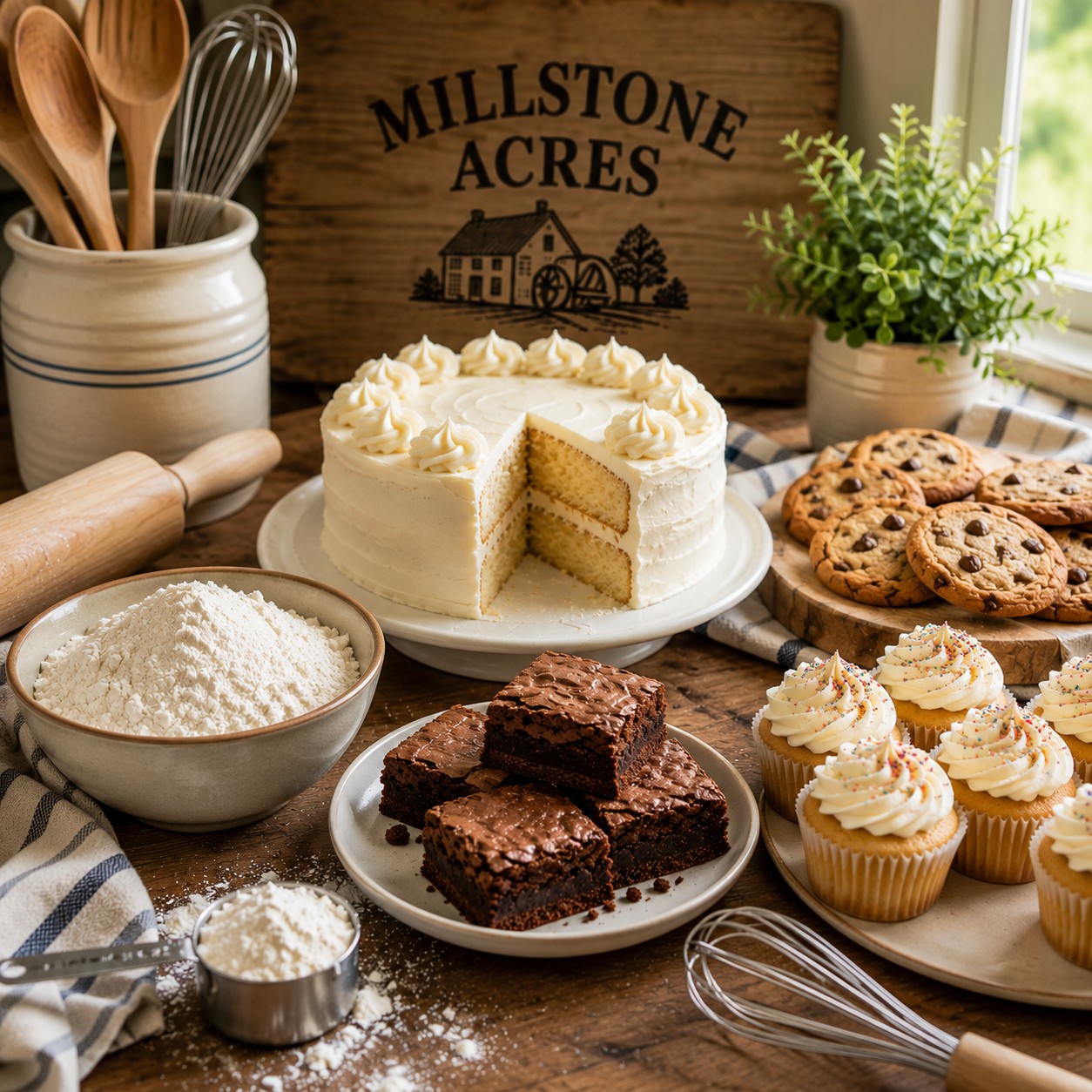 Millstone Acres All-Purpose Flour displayed with homemade cookies, layer cake, brownies, cupcakes, and baking ingredients in a bright farmhouse kitchen.