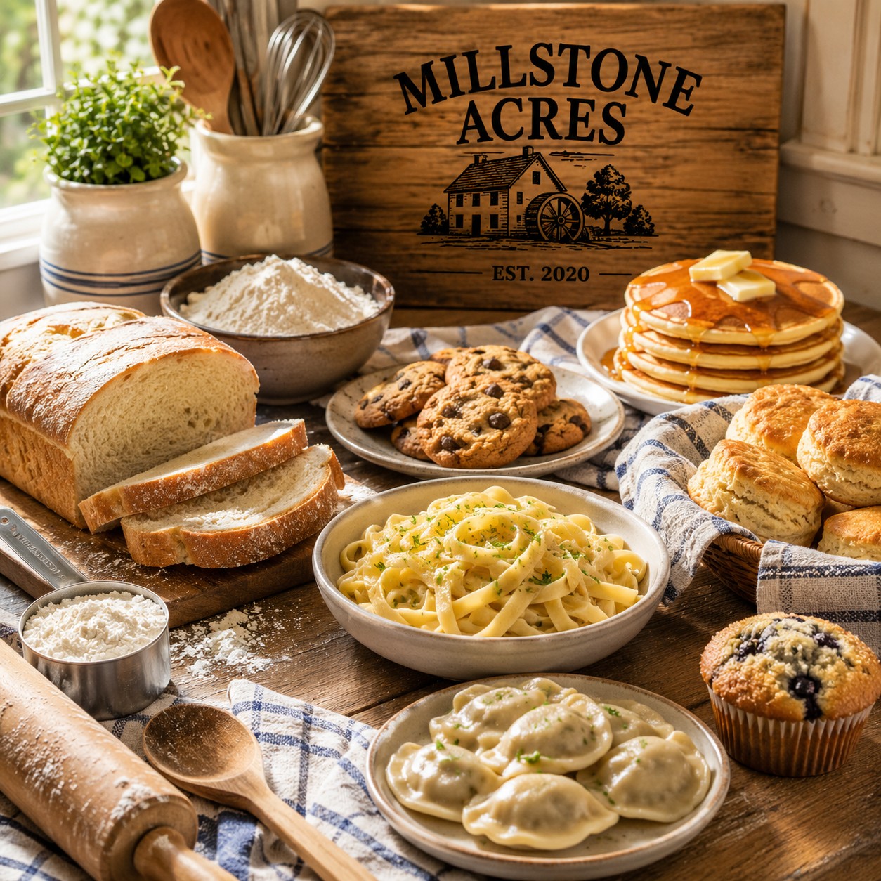 Millstone Acres All-Purpose Flour displayed with everyday homemade meals, baking ingredients, and kitchen tools in a bright farmhouse kitchen.