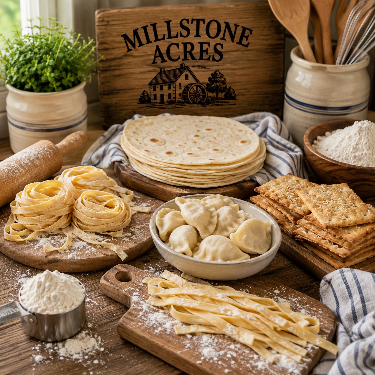 Millstone Acres All Purpose Flour displayed with homemade pasta, flour tortillas, crackers, dumplings, and baking ingredients in a bright farmhouse kitchen.