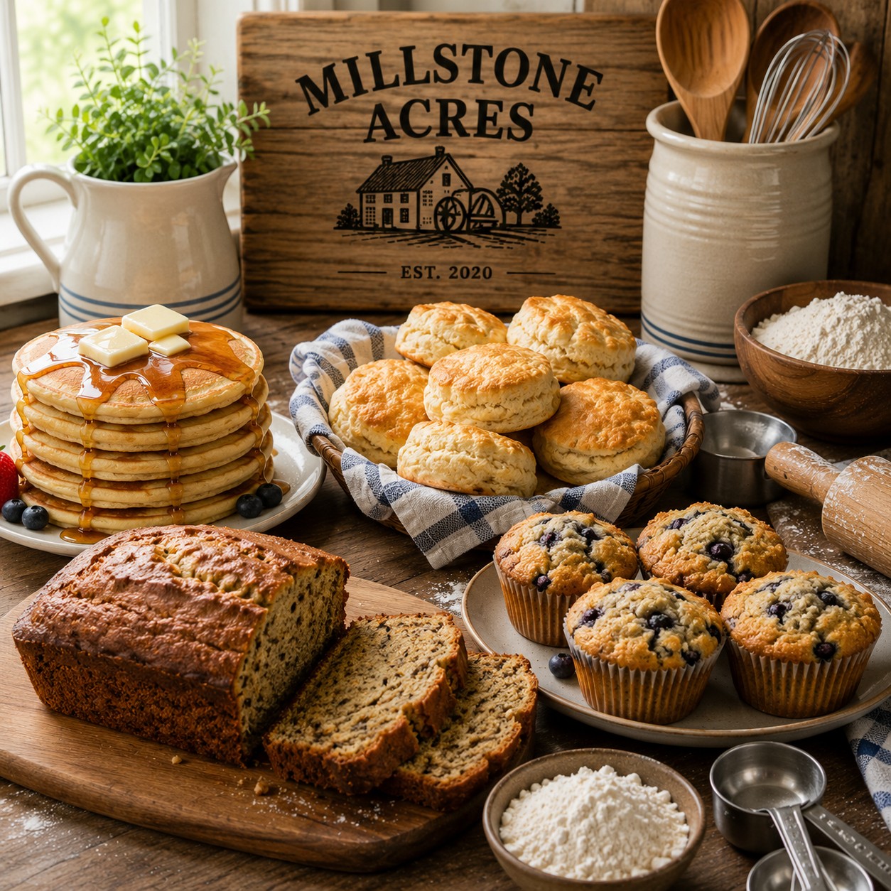Millstone Acres All-Purpose Flour displayed with fluffy pancakes, homemade biscuits, blueberry muffins, and quick breads in a bright farmhouse kitchen.