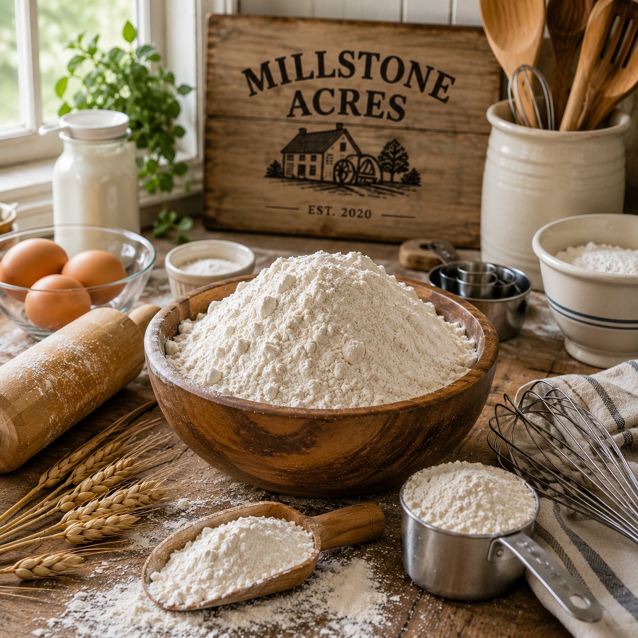 Millstone Acres All-Purpose Flour displayed with flour, measuring cups, whisk, wooden bowl, and everyday baking ingredients in a bright farmhouse kitchen.
