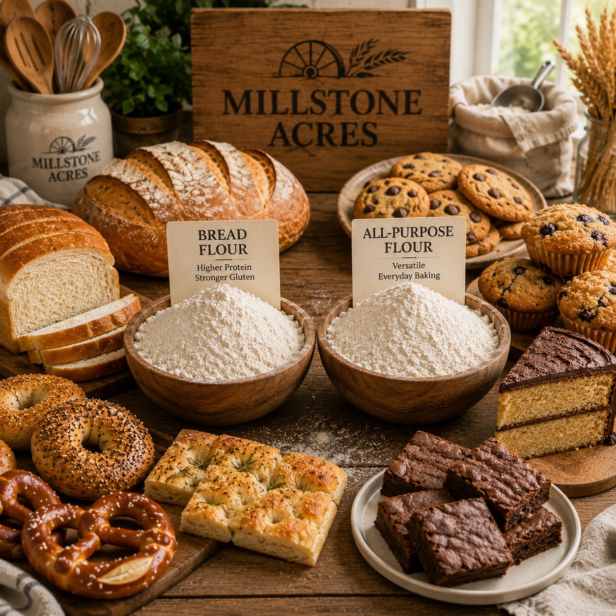 Bread flour and all-purpose flour compared with artisan bread, sandwich bread, cookies, cakes, and baking ingredients in a bright farmhouse kitchen.