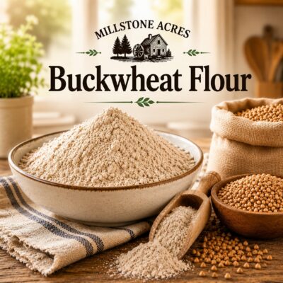 Millstone Acres Natural Buckwheat Flour displayed with a ceramic bowl of buckwheat flour, whole buckwheat groats, and rustic farmhouse baking ingredients in a bright country kitchen.