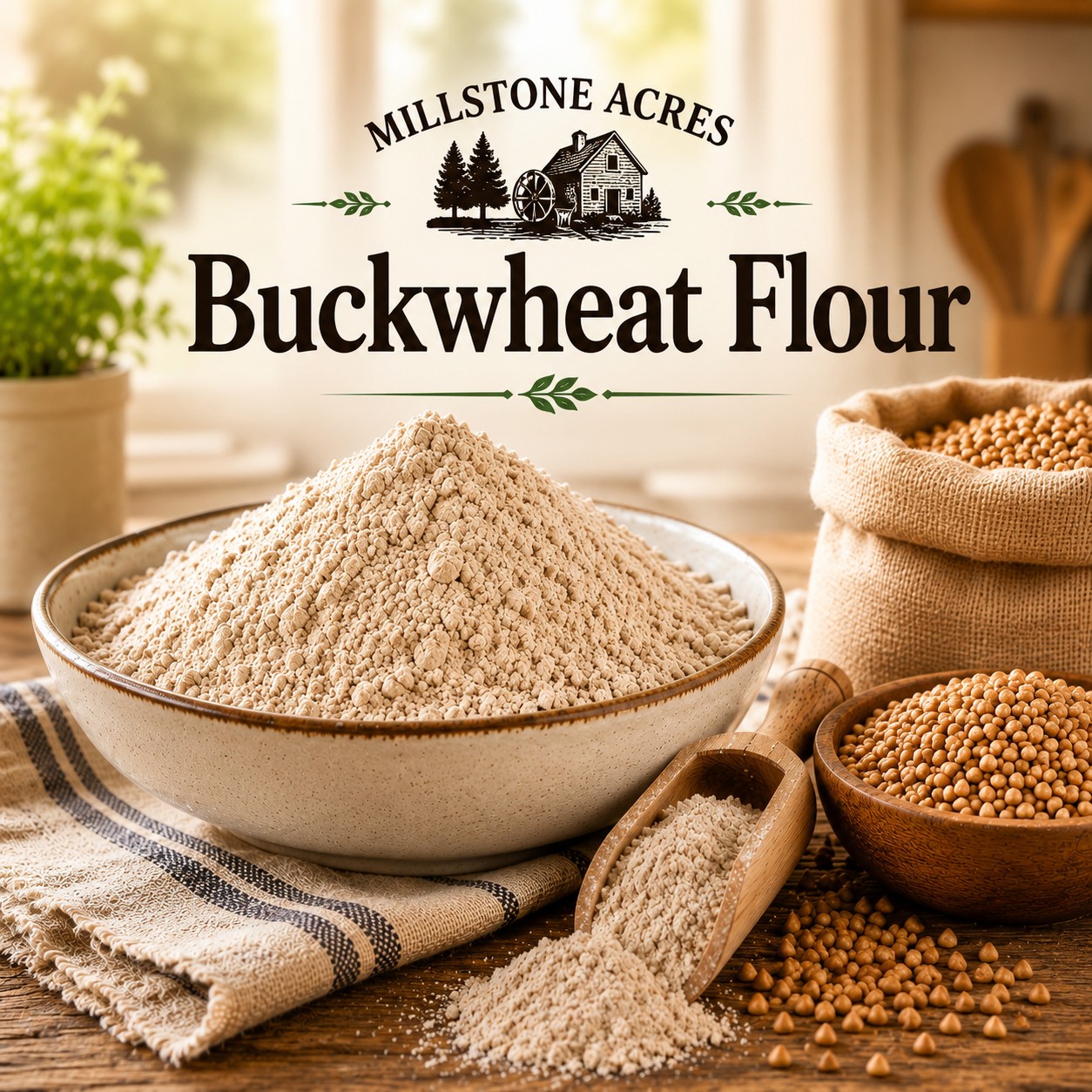Millstone Acres Natural Buckwheat Flour displayed with a ceramic bowl of buckwheat flour, whole buckwheat groats, and rustic farmhouse baking ingredients in a bright country kitchen.