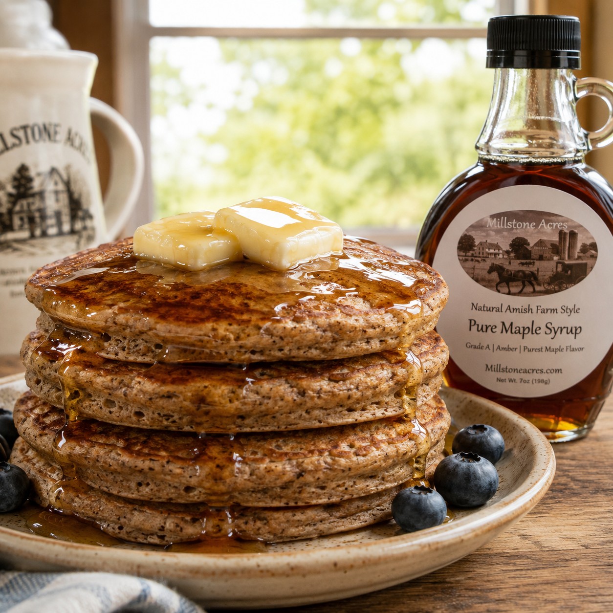 Preparing Millstone Acres Buckwheat Pancake Mix for light, fluffy homemade pancakes.