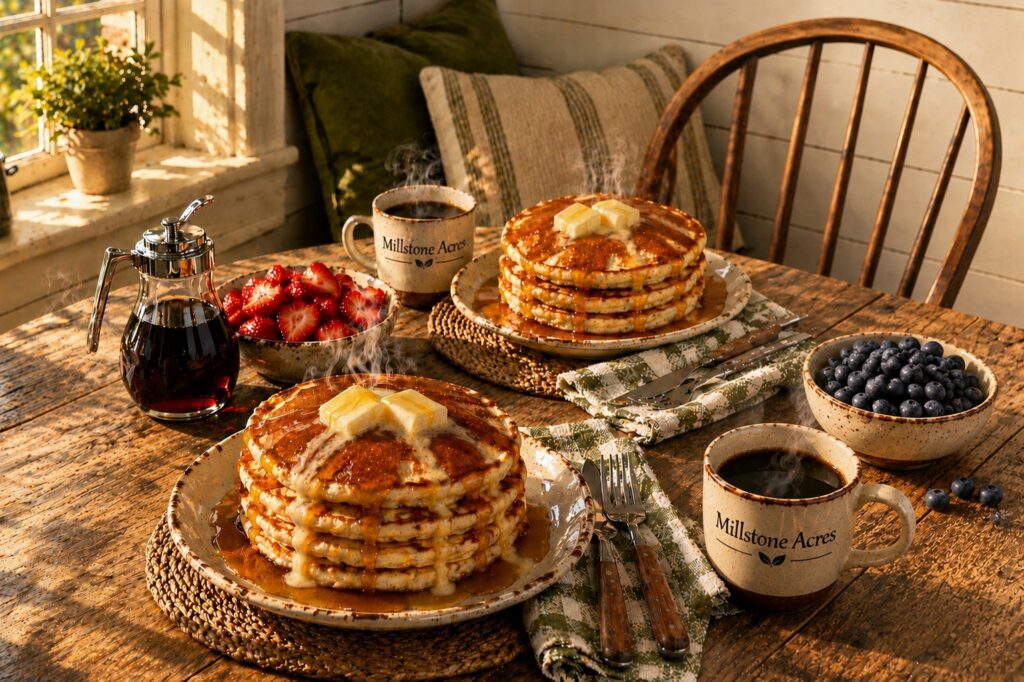 Millstone Acres Buttermilk Pancake Mix. Homestyle buttermilk pancakes topped with two melting pats of butter and pure maple syrup, served with fresh strawberries, blueberries, steaming coffee, and a warm farmhouse breakfast setting.