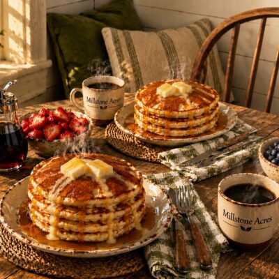 Millstone Acres Buttermilk Pancake Mix. Homestyle buttermilk pancakes topped with two melting pats of butter and pure maple syrup, served with fresh strawberries, blueberries, steaming coffee, and a warm farmhouse breakfast setting.