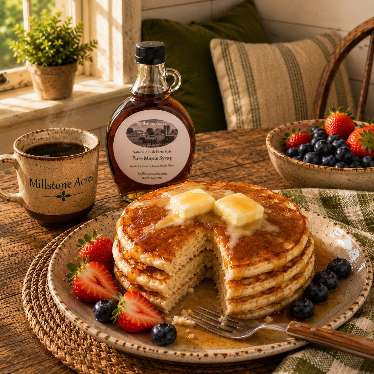 Light, fluffy buttermilk pancakes with two melting pats of butter, pure maple syrup, and fresh berries.