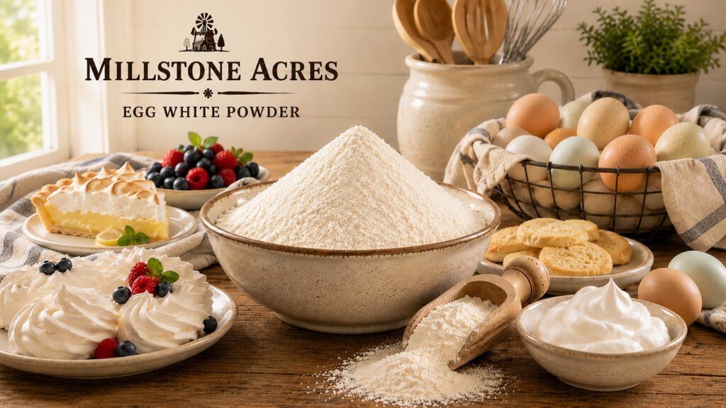 Millstone Acres Egg White Powder hero image featuring premium egg white powder, naturally colored farm eggs, whipped meringue, lemon meringue pie, fresh berries, and baking ingredients in a bright farmhouse kitchen.