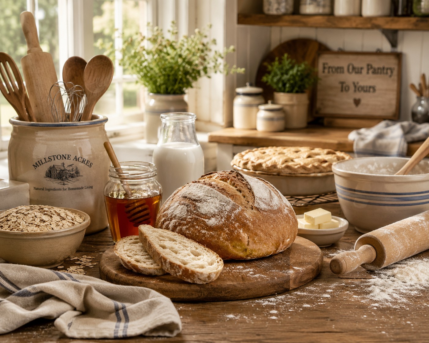 Fresh homemade bread, natural baking ingredients, and a welcoming farmhouse kitchen inspired by Amish country.