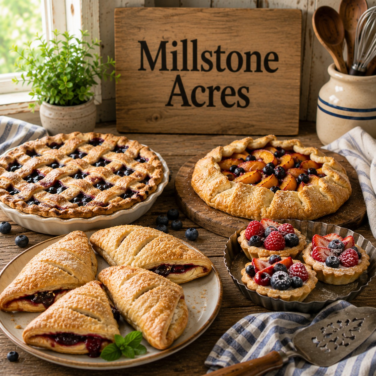 Flaky fruit turnovers, berry pie, rustic fruit galette, and fresh fruit tarts made with Natural Pastry Flour in a bright farmhouse kitchen.