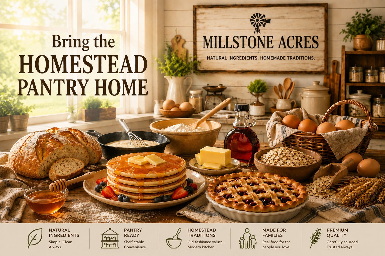 Millstone Acres natural baking ingredients featuring fresh homemade bread, pancakes with melted butter and honey, cherry pie, baking ingredients, farm-fresh eggs, oats, and a warm farmhouse kitchen celebrating natural ingredients and homemade traditions.