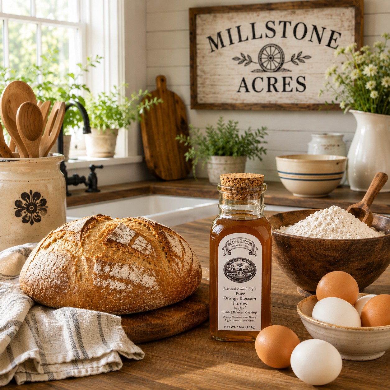 Bright modern farmhouse kitchen with fresh homemade bread, baking ingredients, and a welcoming homestead atmosphere.
