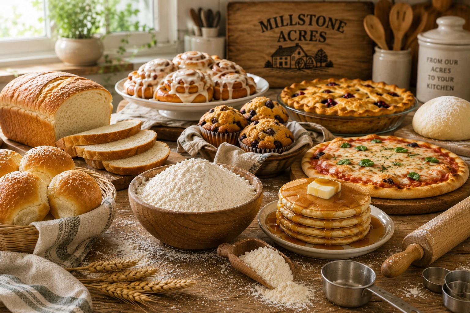 Millstone Acres Premium All-Purpose Flour displayed with fresh bread, cookies, muffins, pancakes, pie crust, and baking ingredients in a bright farmhouse kitchen.
