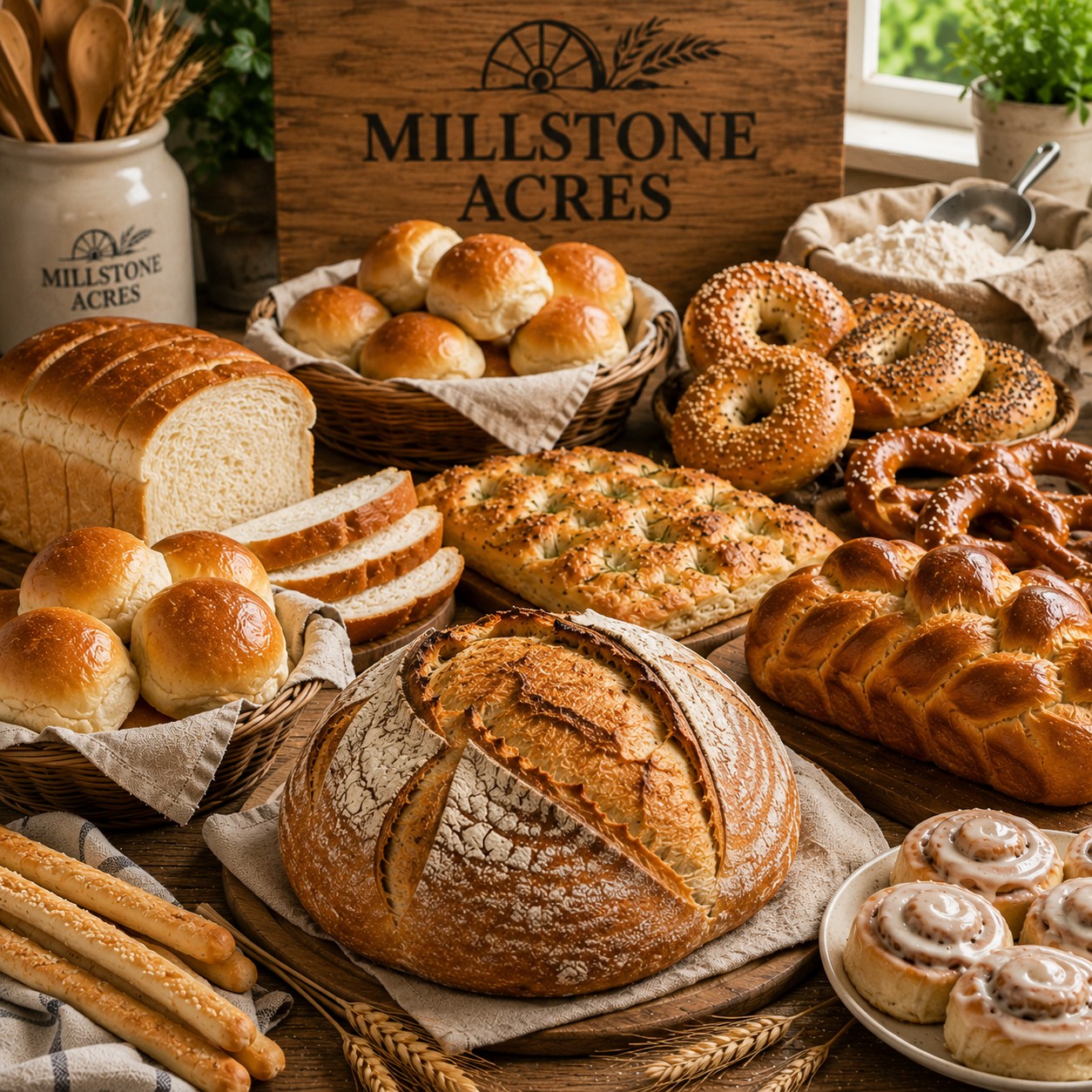 Artisan bread, sandwich bread, dinner rolls, bagels, pretzels, focaccia, pizza crust, cinnamon rolls, and bread flour displayed in a bright farmhouse kitchen.