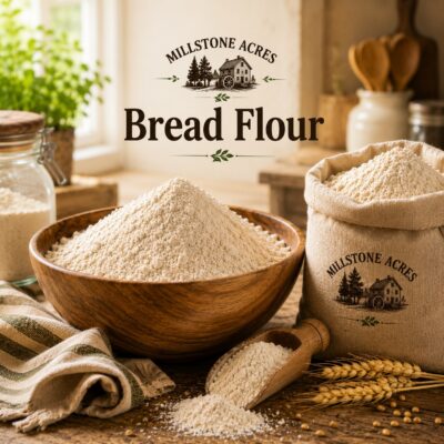 Millstone Acres Natural Bread Flour displayed with a wooden bowl of bread flour, wheat, and traditional farmhouse baking ingredients in a bright rustic kitchen.