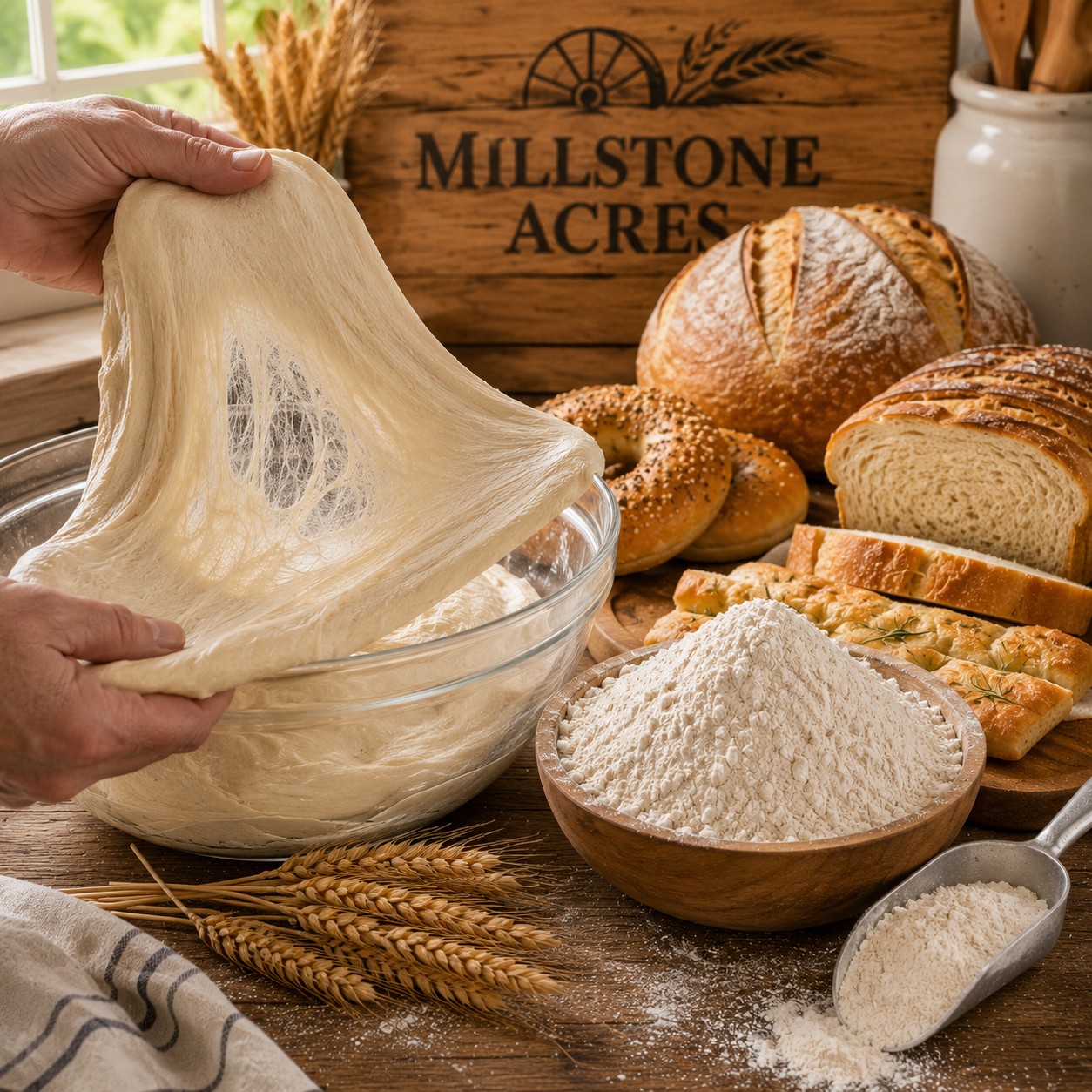 Fresh bread dough stretching to demonstrate strong gluten development beside artisan bread, flour, wheat, and traditional bread baking tools in a bright farmhouse kitchen.