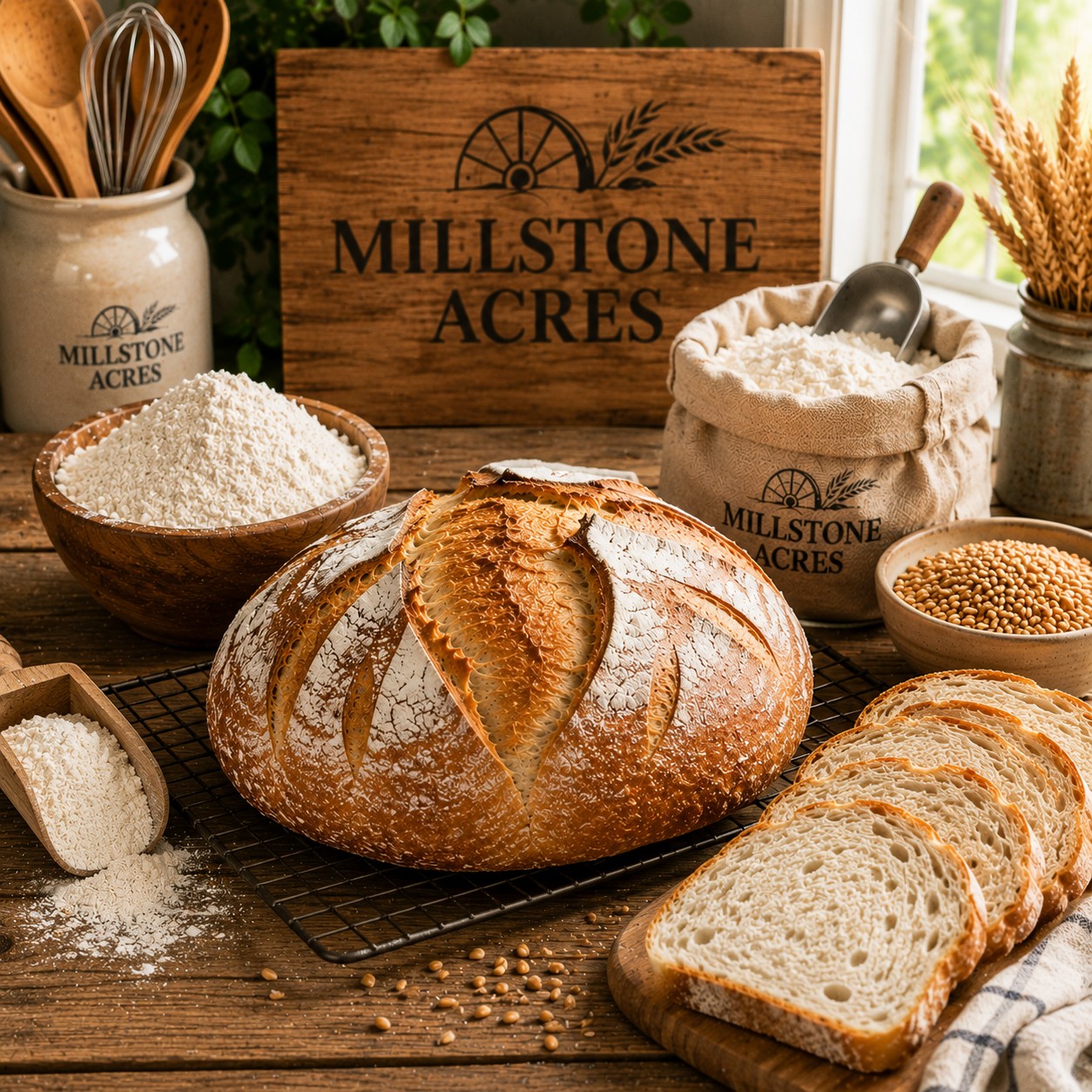 Fresh artisan bread cooling on a farmhouse kitchen counter beside bread flour, wheat, and traditional baking tools with a Millstone Acres wooden sign.