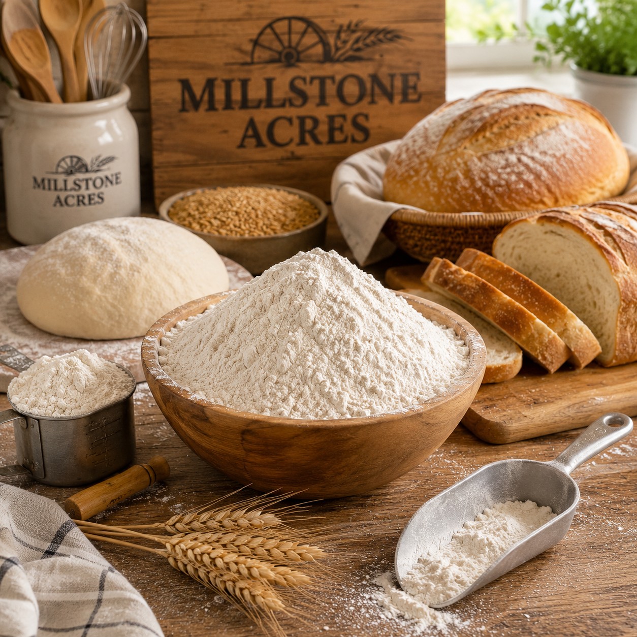 Millstone Acres Natural Bread Flour displayed with bread flour, wheat, measuring cups, dough, and traditional bread baking tools in a bright farmhouse kitchen.