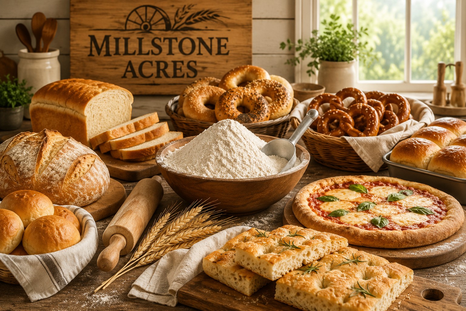 Natural bread flour displayed with artisan bread, sandwich loaves, dinner rolls, bagels, pretzels, focaccia, pizza crust, wheat, and baking tools in a bright farmhouse kitchen.