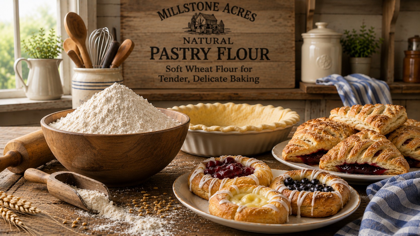 Fresh homemade pastries, flaky pie crust, biscuits, cookies, and scones made with Natural Pastry Flour in a bright farmhouse kitchen.