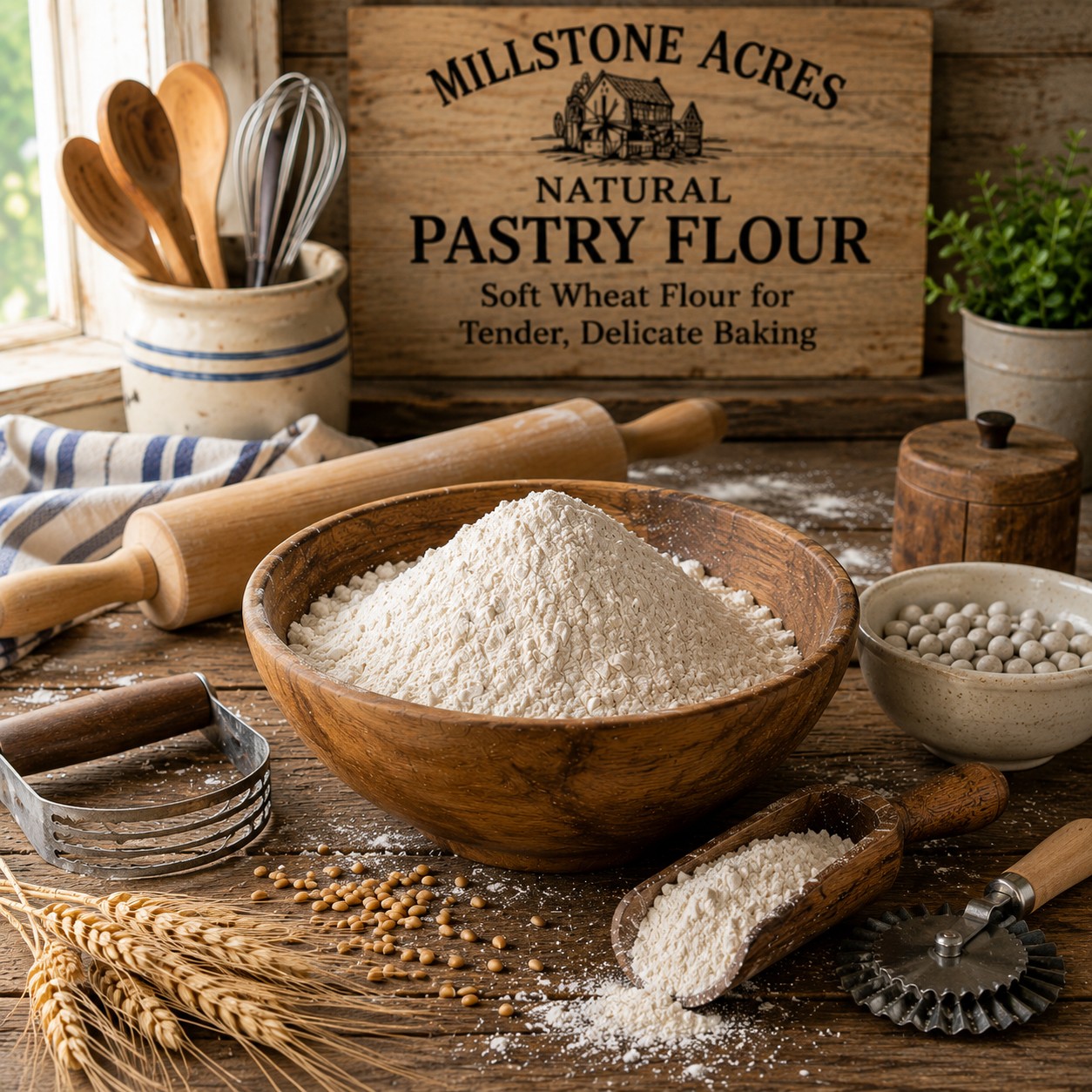 Natural Pastry Flour in a rustic wooden bowl with soft wheat, pastry tools, and pie weights in a bright farmhouse kitchen.