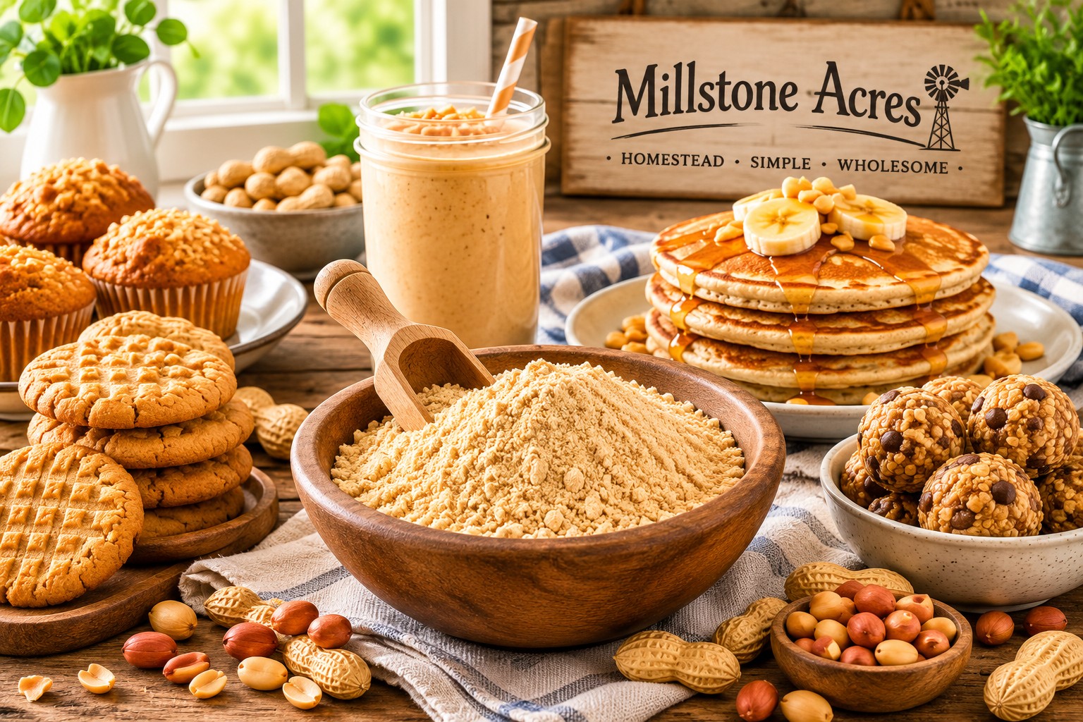 Natural Peanut Flour with homemade cookies, pancakes, protein smoothie, and roasted peanuts in a bright farmhouse kitchen.